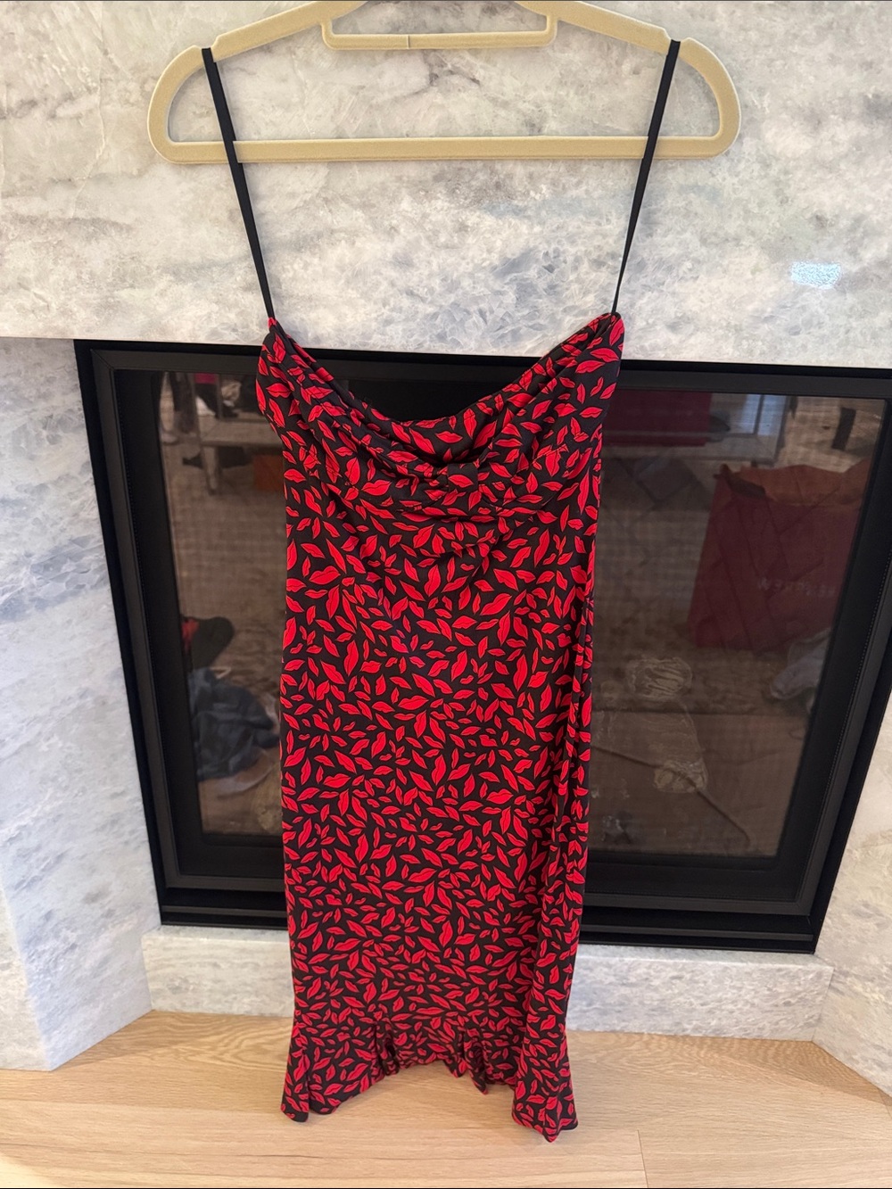Diane Von Furstenberg Red and Black Leaf-Print Slip Midi Dress